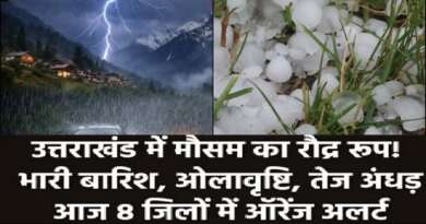 उत्तराखंड : आज 8 जिलों में भारी बारिश, ओलावृष्टि और तेज हवाएं चलने के आसार.. ऑरेंज अलर्ट जारी